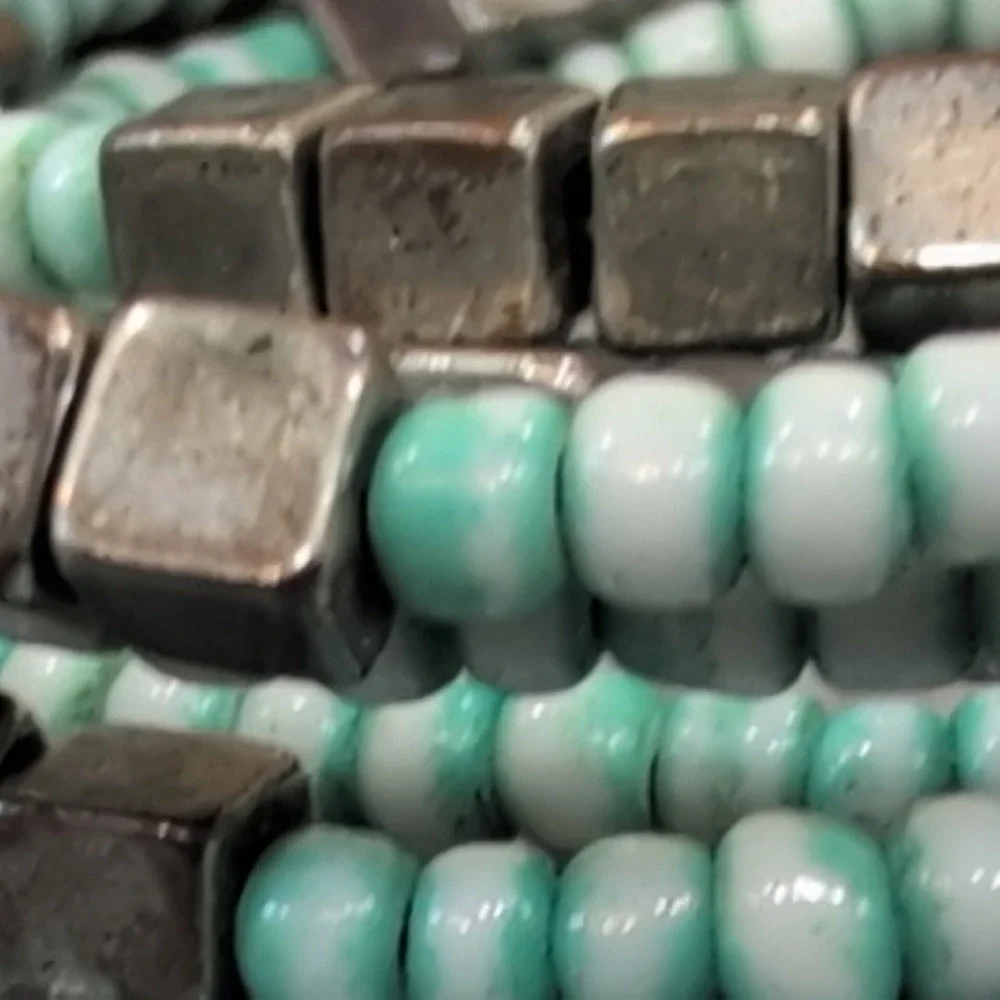 Beaded Coil Bracelet Mint Green White Silver Tone Cube Beads Wrap - Picture 6 of 6